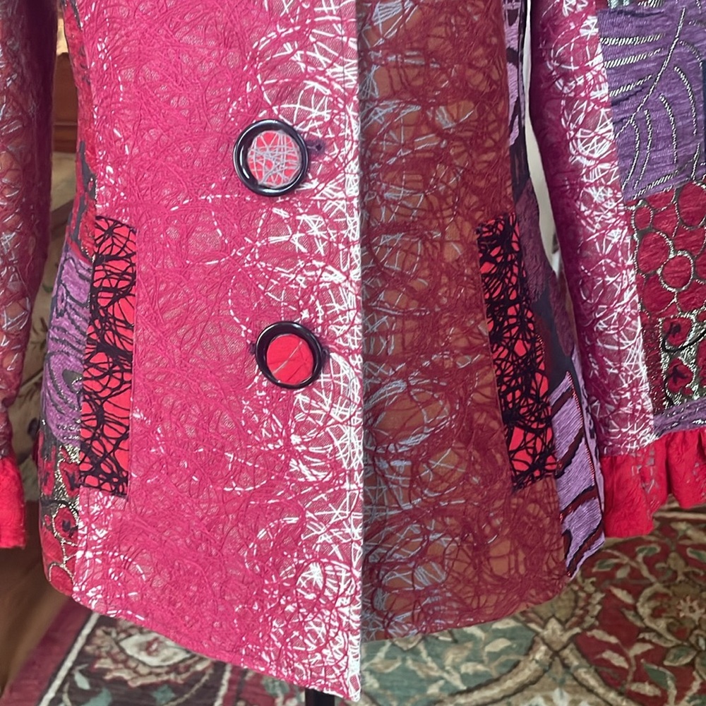 Vintage Lindi Silk-Blend Embroidered Patchwork Coat Size Small - Picture 6 of 12